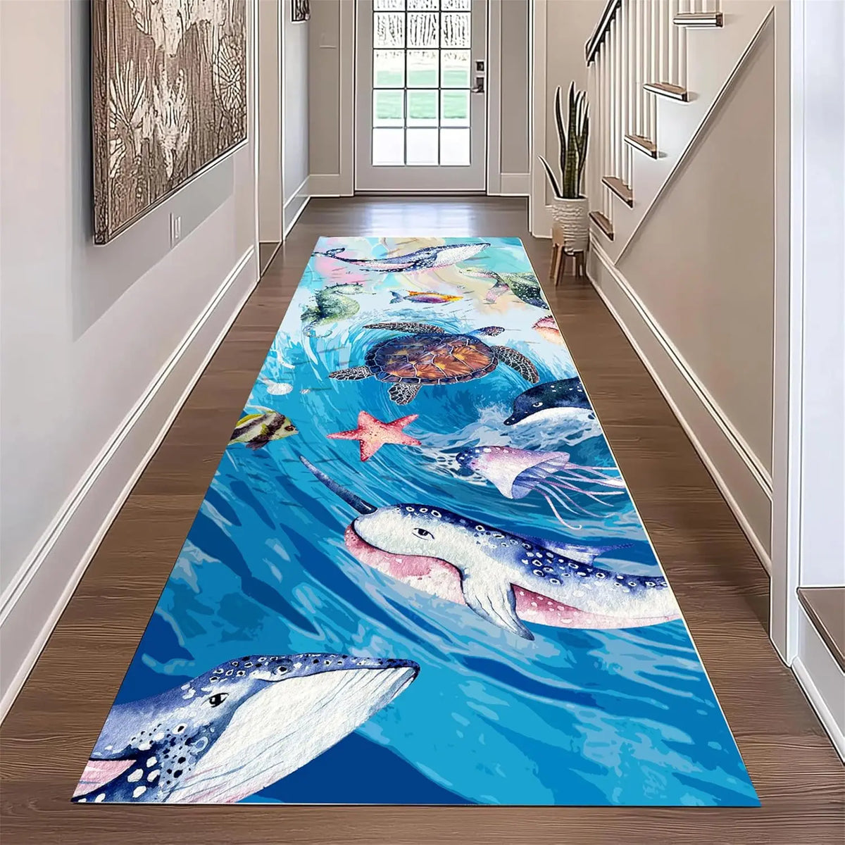 Ocean Theme Runner Rug 3D Vision Coral Reef Fish Starfish Jellyfish Printed Non-Slip Carpet  for Hallway Living Room Floor Decor