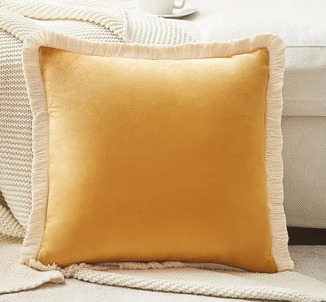 1PC Polyester Velvet Solid Throw Pillow With Tassel Embellishment Sofa Office Back Cushion Living Room Decorative Square