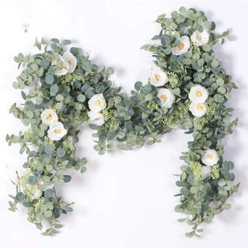 180cm Artificial Eucalyptus Garland with White Flowers for Home Festival Wall Hanging Garden Wedding Backdrop Arch Party Decor