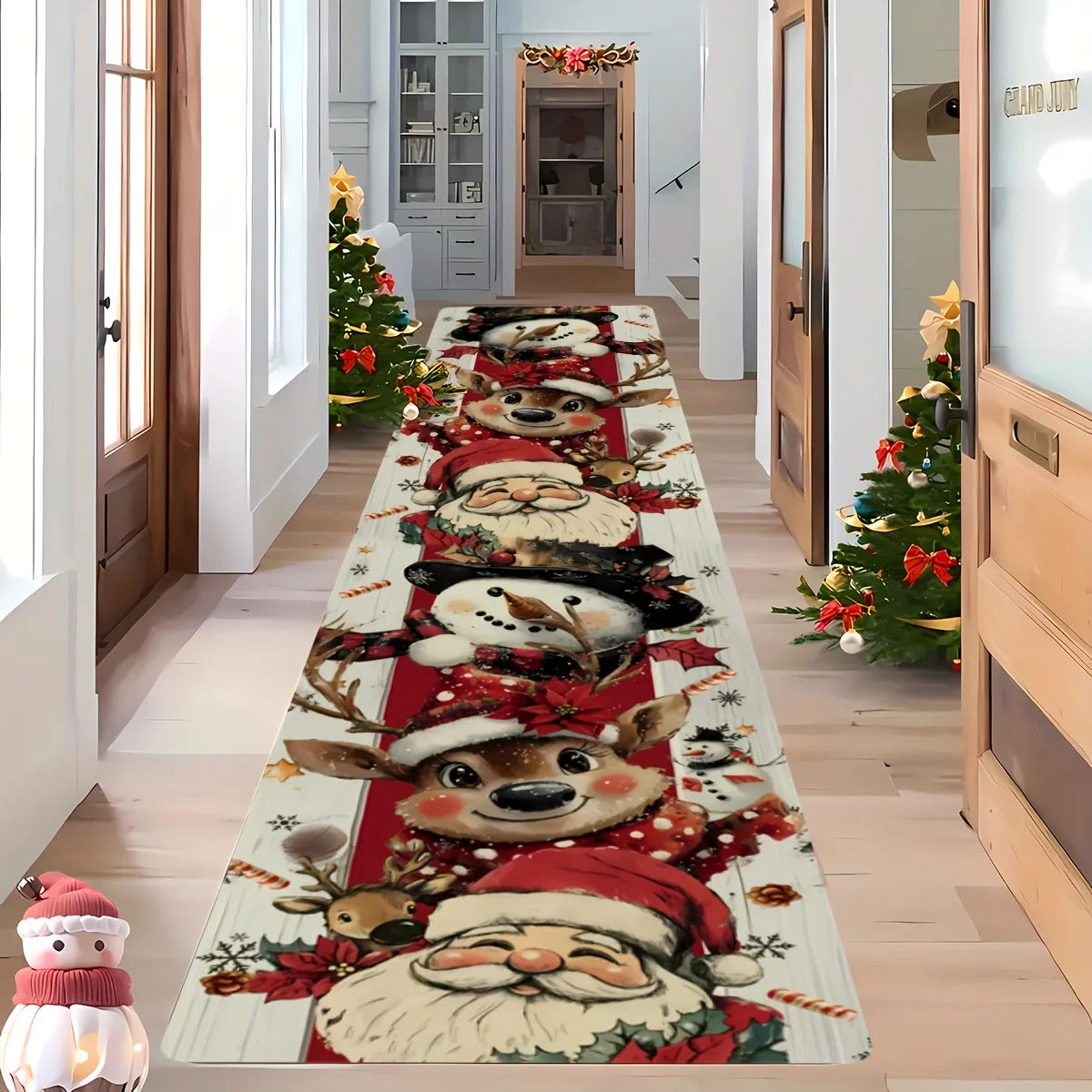 Extra-Long Red & Golden Christmas Runner Mat Long Christmas Runner Rugs Washable Balcony Carpet Home Decor Floor Mat for Hallway