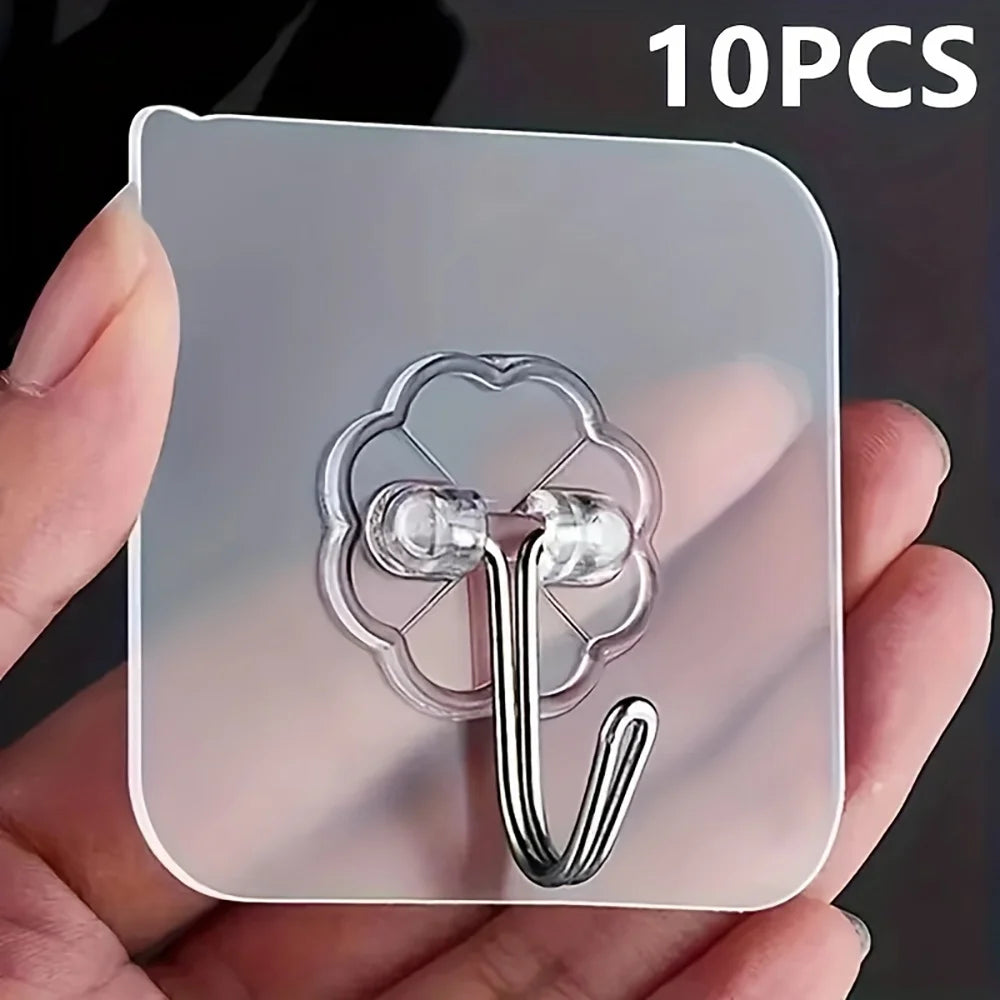 5-30pcs Transparent Stainless Steel Self-Adhesive Hooks Bathroom Towel Clothes Storage Sticker Hook Key Hangers Storage Holder