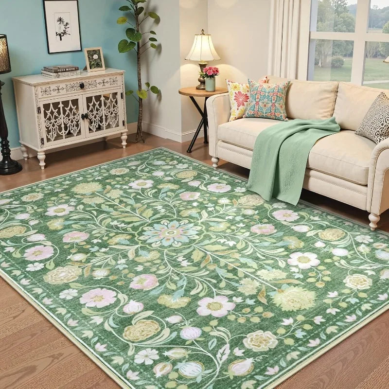 Living Room Carpet Non-slip Soft Machine Washable Floor Mat Bohemian Pink Floral Rug Bedroom Home Decoration Mats Washable Rugs