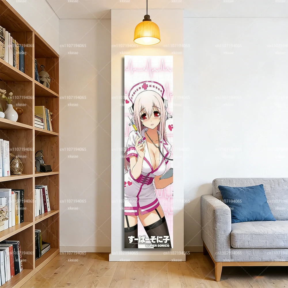 Super Sonico Nurse Cosplay Vertical Wall Tapestry, Anime Girl Long Hanging, Kawaii Pink Decor for Bedroom Dorm & Fan Rooms