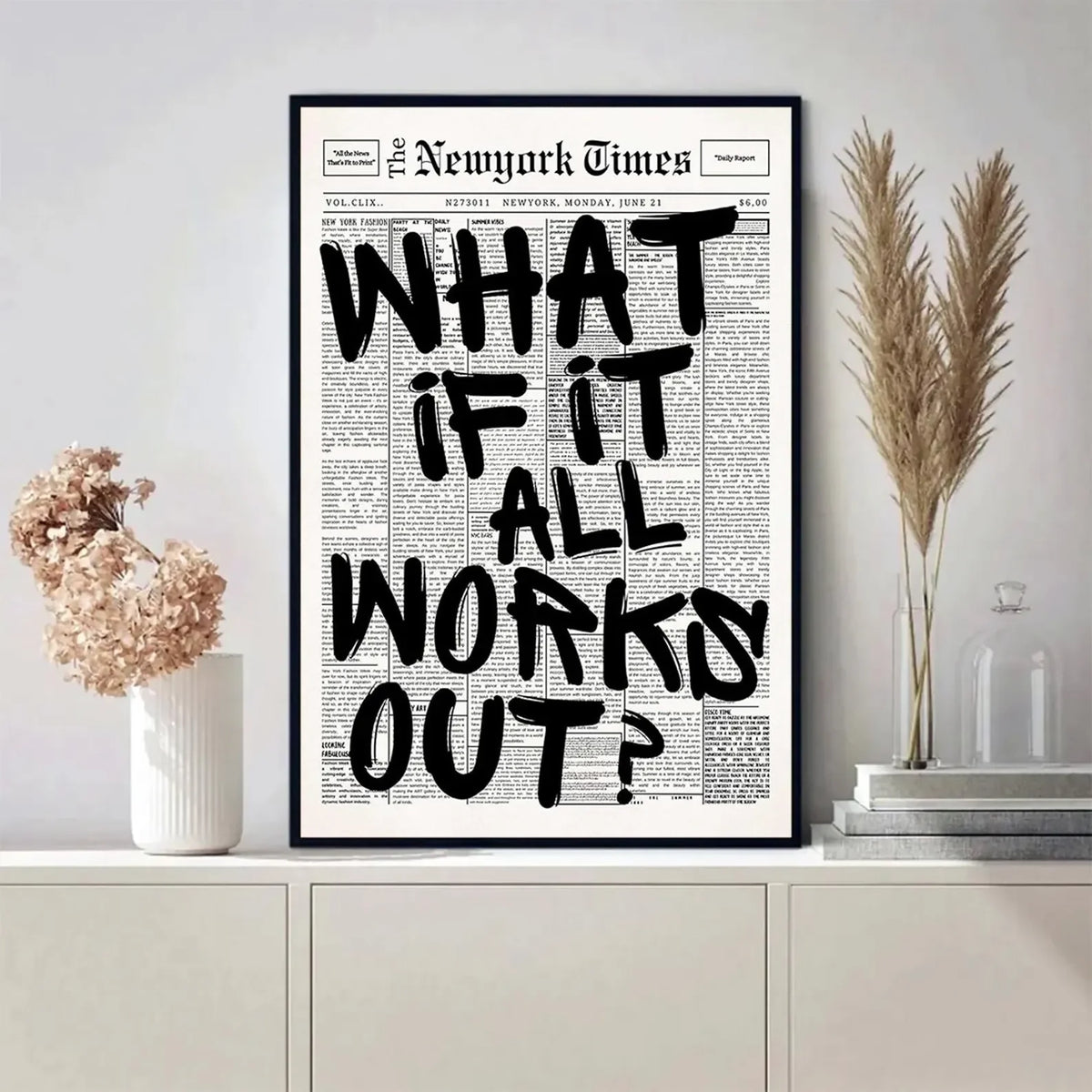 Newspaper Poster - What If It All Works Out - Positive Quote Canvas Wall Art, Affirming Minimalist Prints, Neutral Dorm Room Bed