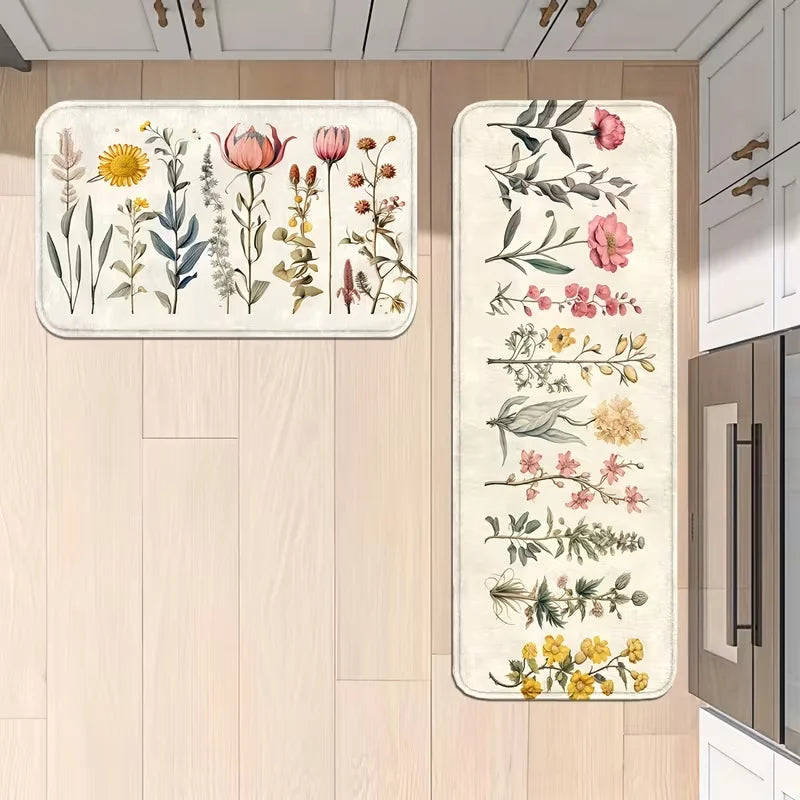 Floral Kitchen & Bathroom Mats Non-Slip, Runner Rugs for Home, Laundry - Comfortable Standing Pads with Vibrant Spring Decor
