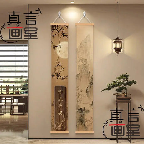 Vintage Karesansui Tapestry Wall Hanging - Zen Bamboo Rock Enso Circle for Tea Room & Hallway, Japanese Ink Landscape Decor