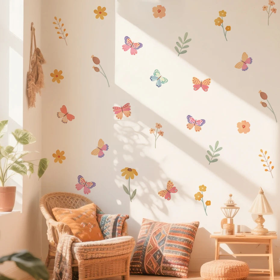 Watercolor Butterfly Flowers Cartoon Wall Sticker Child Room Girls Room Decal Kids Baby Room Bedroom Nursery Vinyl Home Decor