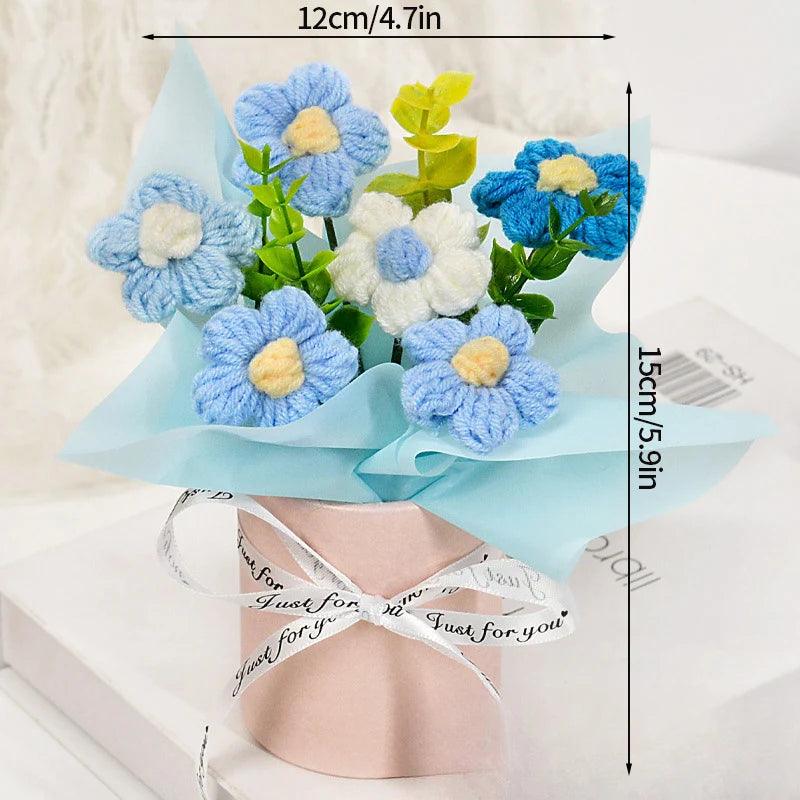 Knitted Flower Bouquet Crochet Rose Flowers Hugging Bucket New Year Gifts Living Room Desk Decoration Mother's Day Gift