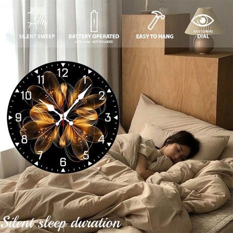 Golden Thread Flower Wooden Round Silent Hanging Wall Clock, Suitable For Living Room,Office,Study Room,Bedroom, Home Decoration