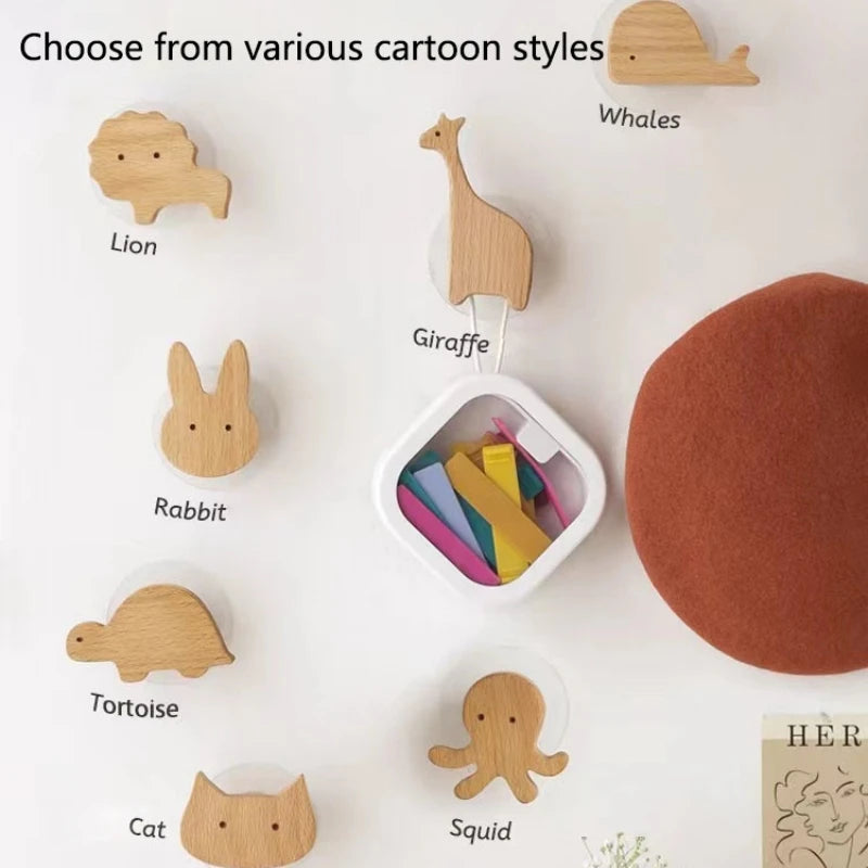 Cute Wall Wooden Hooks Children's Room Animal Hook Wall Keychain Coat Hook Home Decoration Solid Wood Hook Hanger Kitchen Access