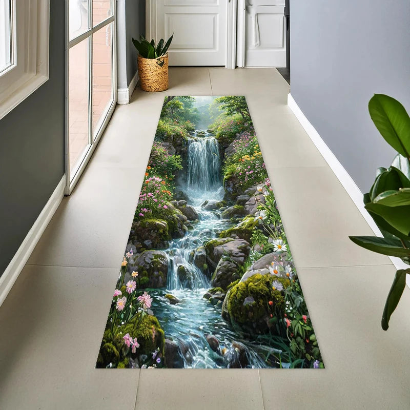 2D Mountain Stream Carpet Non-slip Floor Mat Realistic Landscape Rug Perfect for Home Decor Hallway Living Room Bedroom