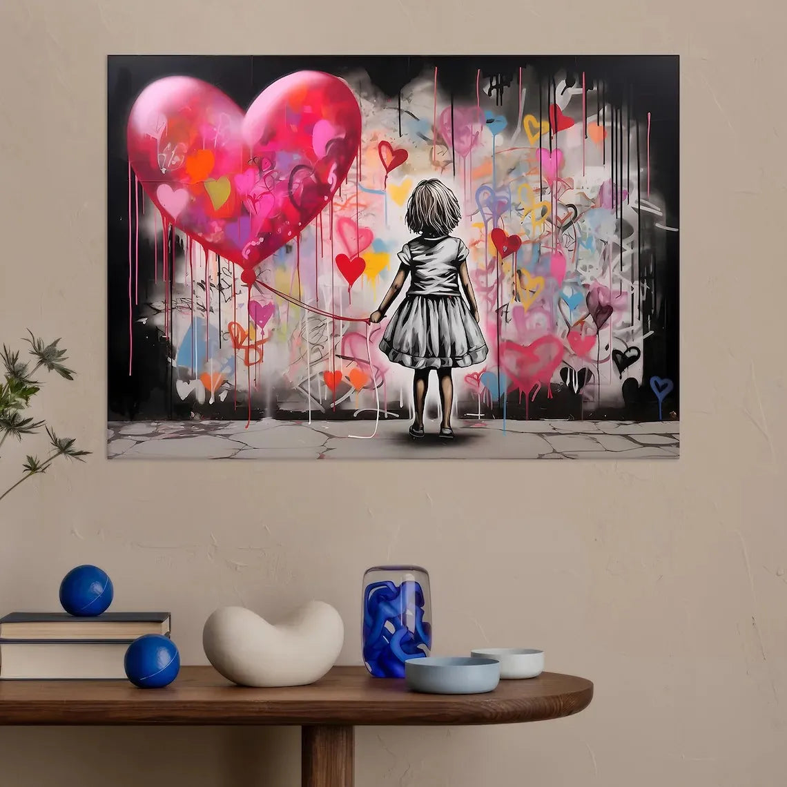 Girl with Heart Balloon Canvas Print, Graffiti Street Art, Colorful Balloon Girl Vibrant Heart-Shaped, Urban Street Art Decor