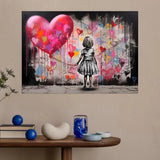 Girl with Heart Balloon Canvas Print, Graffiti Street Art, Colorful Balloon Girl Vibrant Heart-Shaped, Urban Street Art Decor