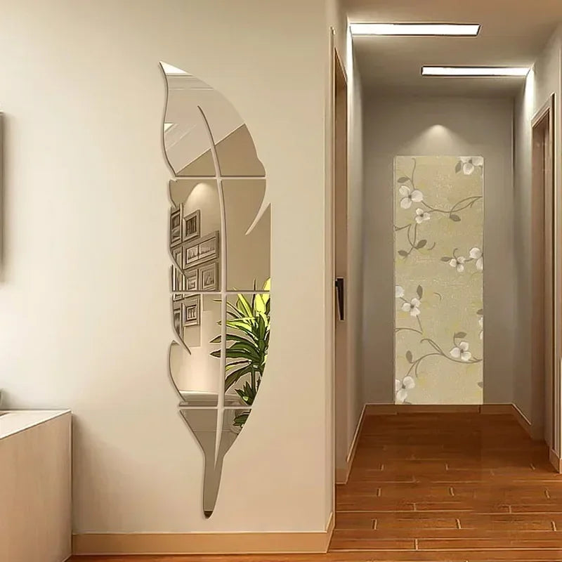 3D Dancing Feathers Mirror Wall Stickers DIY Art Atmosphere Home Shining Wall Stickers House Decoration Living Room Decoration