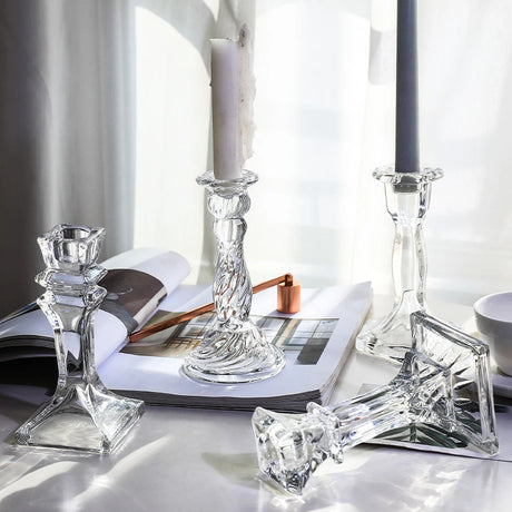 Glass Candle Wick Holder Clear Pillar Table Design Candlestick for Dining Decor