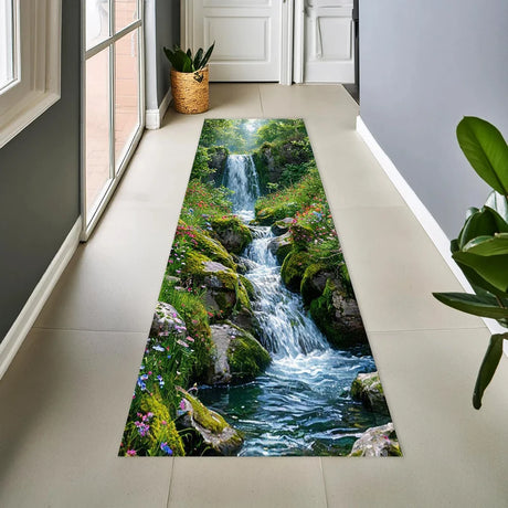 2D Mountain Stream Carpet Non-slip Floor Mat Realistic Landscape Rug Perfect for Home Decor Hallway Living Room Bedroom