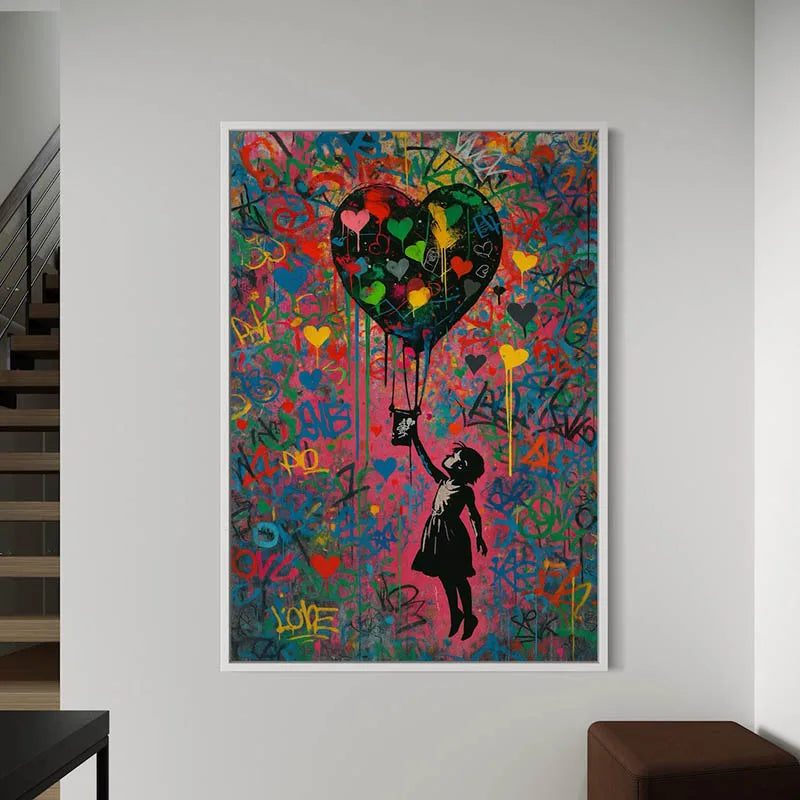 Girl with Heart Balloon Canvas Print, Graffiti Street Art, Colorful Balloon Girl Vibrant Heart-Shaped, Urban Street Art Decor