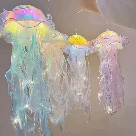 Jellyfish Colorful Nightlight Button Battery Hanging Ceiling Lantern with Ribbon&Bead LED Bulbs for Children Bedroom