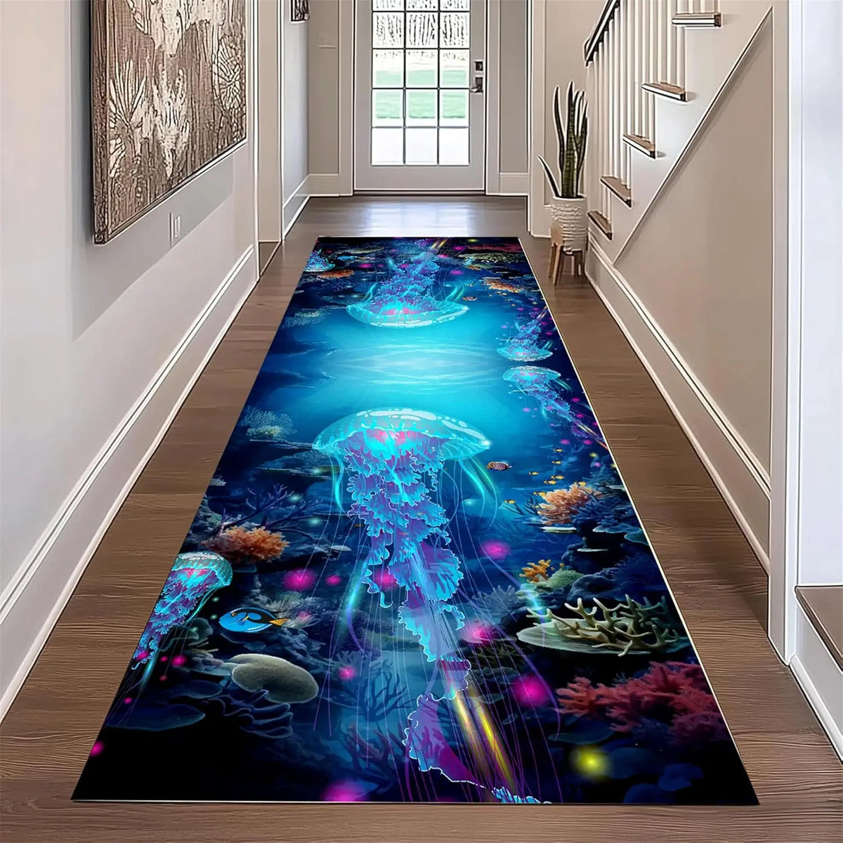 Ocean Theme Runner Rug 3D Vision Coral Reef Fish Starfish Jellyfish Printed Non-Slip Carpet  for Hallway Living Room Floor Decor