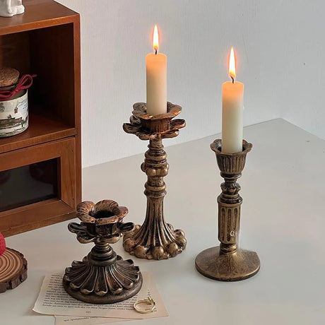 Vintage Taper Candle Holders - Antique Bronze Finish Resin Candle Sticks for Wedding, Dinner Party, Table Centerpiece Decor