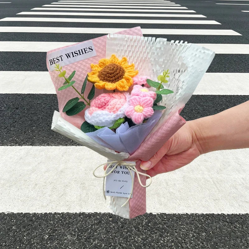 Knitted Flower Bouquet Crochet Rose Flowers Hugging Bucket New Year Gifts Living Room Desk Decoration Mother's Day Gift
