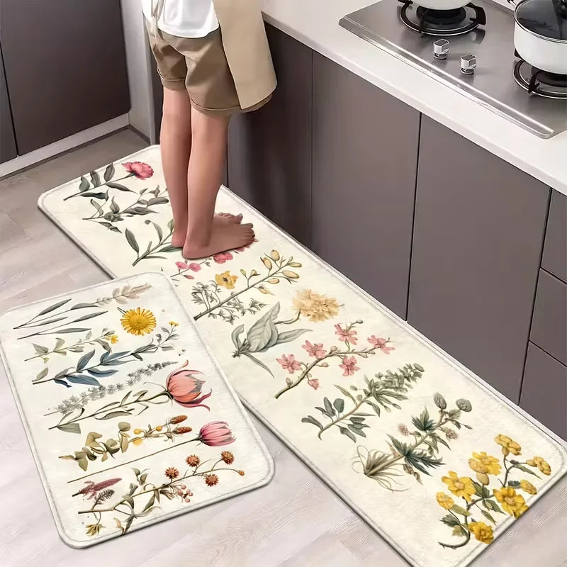 Floral Kitchen & Bathroom Mats Non-Slip, Runner Rugs for Home, Laundry - Comfortable Standing Pads with Vibrant Spring Decor