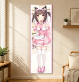 Nekopara Vertical Tapestry, Long Strip Full‑Body Cat‑Ear Maid Character Wall Hanging, Sweet Pink Polyester Wall Cloth for Bedroo