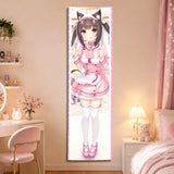 Nekopara Vertical Tapestry, Long Strip Full‑Body Cat‑Ear Maid Character Wall Hanging, Sweet Pink Polyester Wall Cloth for Bedroo