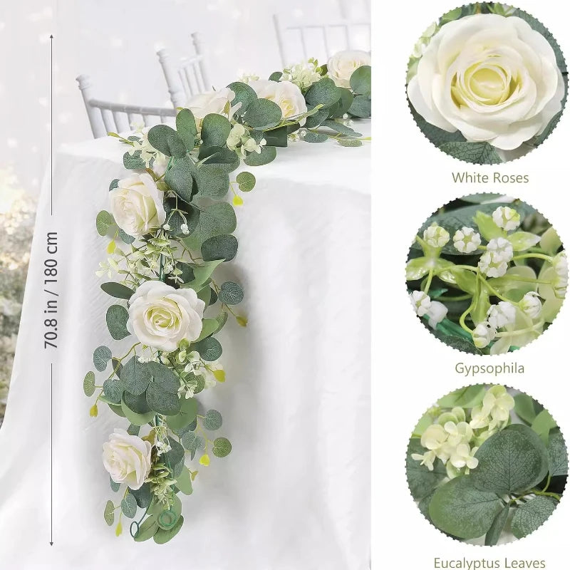 180cm Artificial Eucalyptus Garland with White Flowers for Home Festival Wall Hanging Garden Wedding Backdrop Arch Party Decor