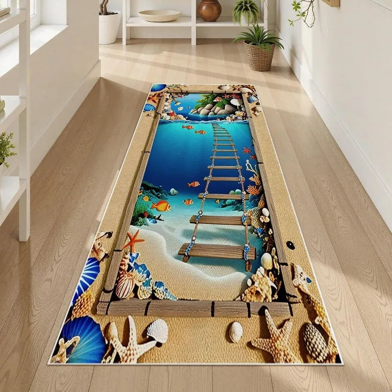 2D Ocean World Long Runner Rug Shark Coral Reef Fish Print Carpet Soft Non-Slip Underwater Adventure Home Decor Hallway Mat