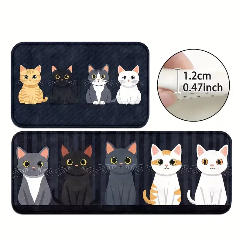 Cat Stripe Cartoon Kitchen Mats Non-Slip Runner Rugs with Playful Cat for Home, Bathroom, and Laundry Room Decor, Bathroom Decor