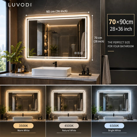 LUVODI LED Bathroom Mirror, Frameless Backlit Vanity Mirror, Dimmable 3-Color Light, Anti-Fog, Touch Sensor