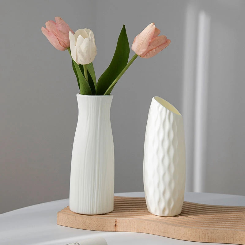 Nordic Vases Pure White Plastic Vases Imitation Ceramic Flower Vases Desktop Flowerpot Wedding Decor Home Ornament