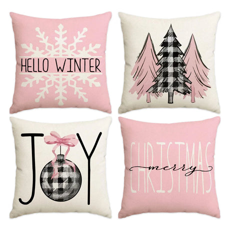 1/4pcs Christmas Pillow Cover, Pink Printed Cushion Cover, Farmhouse Decorative Sofa, Christmas Decoration (without Pillow Core)