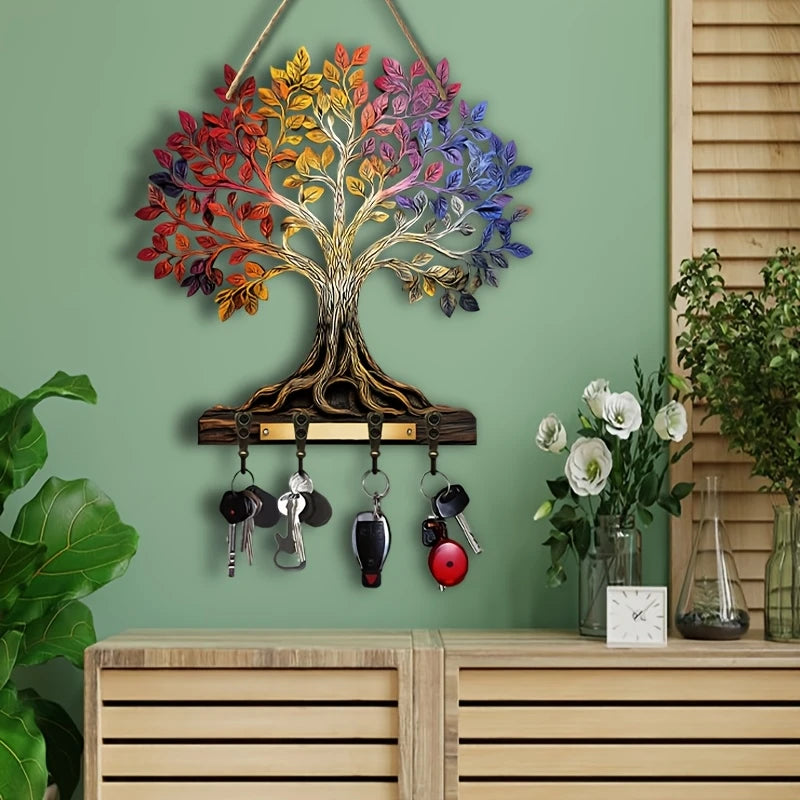 1 Piece 2D Wooden Hanging Decoration with Household Key Hook Tree of Life Pattern Wooden Key Hangers Wall Mount Room