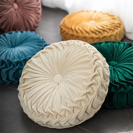 Round Throw Pillow Velvet Pleated Round Pillow Cushion for Couch Chair Bed Car Colorful Floor Cushion Home Decoration