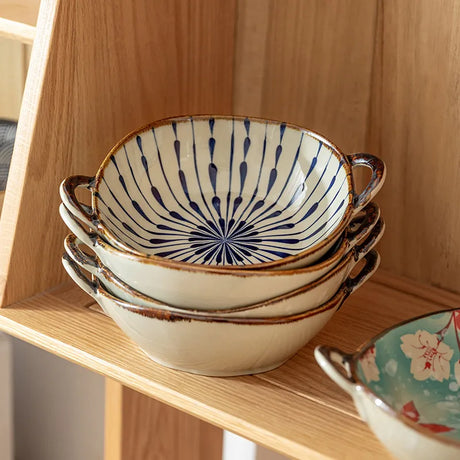 7.5inch Household Noodle Bowl Ceramic Soup Bowl With Handle Salad Pasta Bowl Kitchen Tableware Microwave Oven Bakware