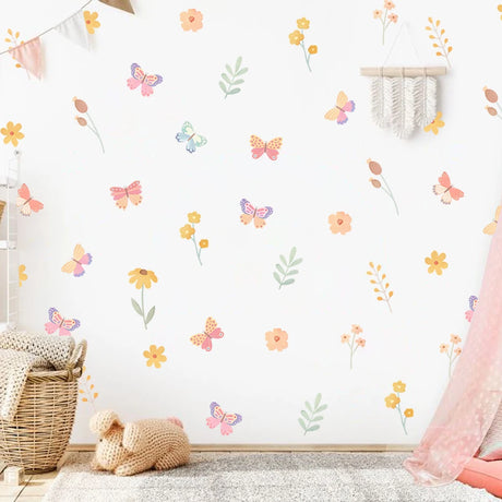 Watercolor Butterfly Flowers Cartoon Wall Sticker Child Room Girls Room Decal Kids Baby Room Bedroom Nursery Vinyl Home Decor