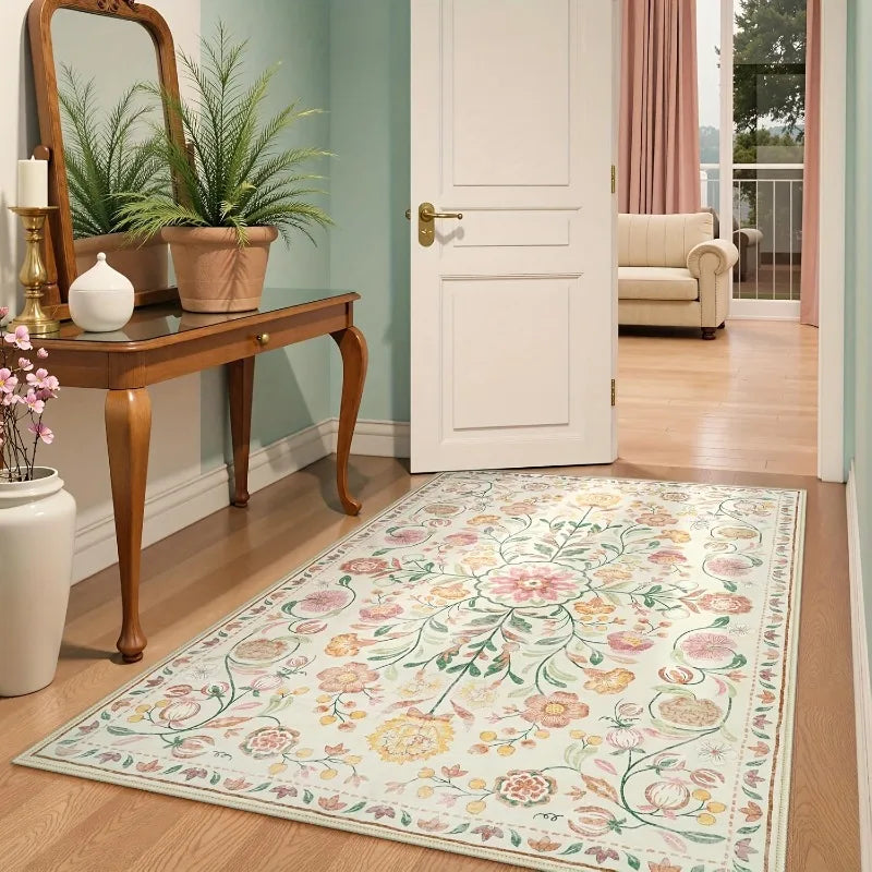 Living Room Carpet Non-slip Soft Machine Washable Floor Mat Bohemian Pink Floral Rug Bedroom Home Decoration Mats Washable Rugs