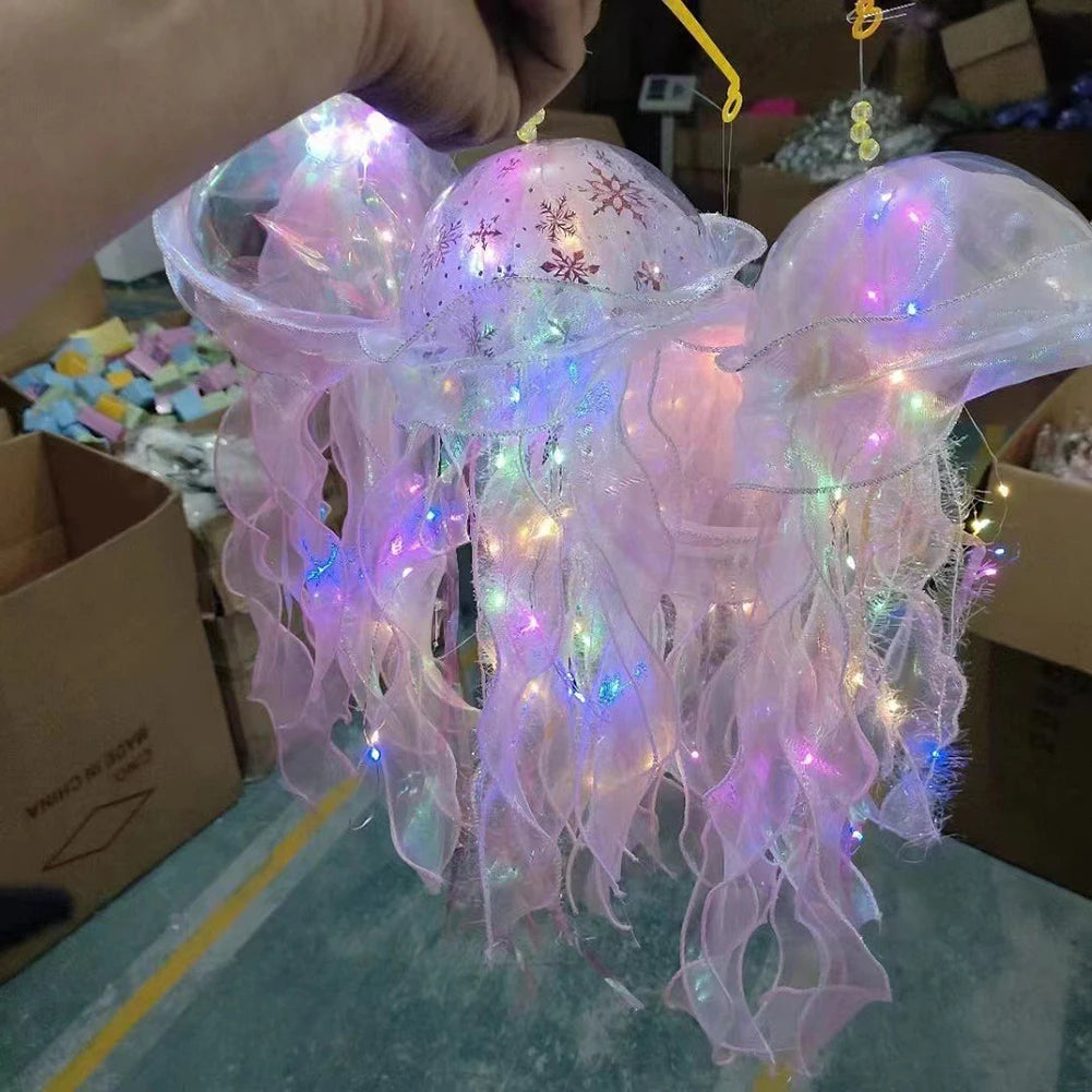 Jellyfish Colorful Nightlight Button Battery Hanging Ceiling Lantern with Ribbon&Bead LED Bulbs for Children Bedroom