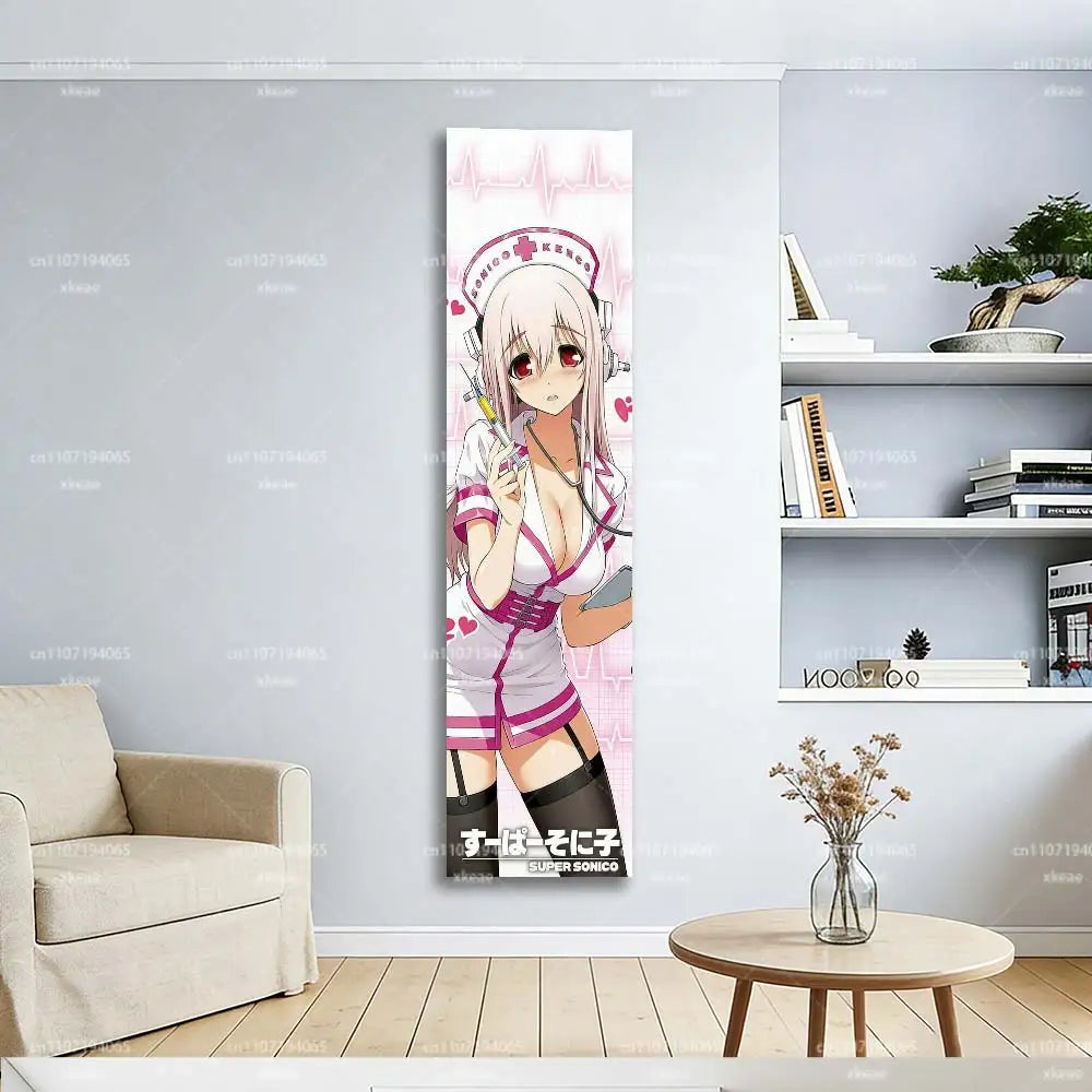 Super Sonico Nurse Cosplay Vertical Wall Tapestry, Anime Girl Long Hanging, Kawaii Pink Decor for Bedroom Dorm & Fan Rooms
