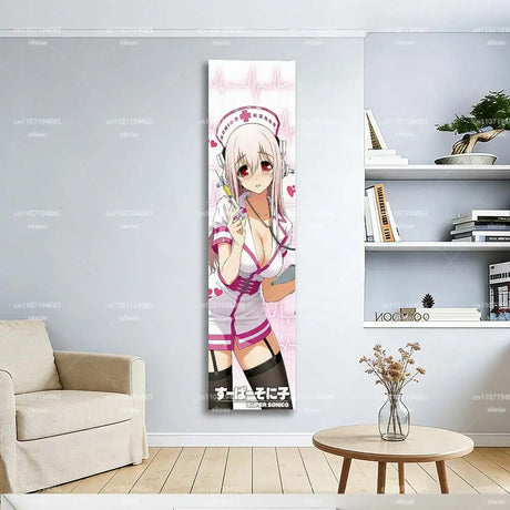 Super Sonico Nurse Cosplay Vertical Wall Tapestry, Anime Girl Long Hanging, Kawaii Pink Decor for Bedroom Dorm & Fan Rooms