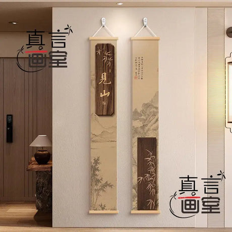 Vintage Karesansui Tapestry Wall Hanging - Zen Bamboo Rock Enso Circle for Tea Room & Hallway, Japanese Ink Landscape Decor