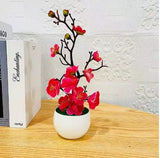 Artificial Plum Blossom Potted Plant, Fake Wintersweet Flower Bonsai for Home Tabletop Decor Chinese Style Floral Ornament