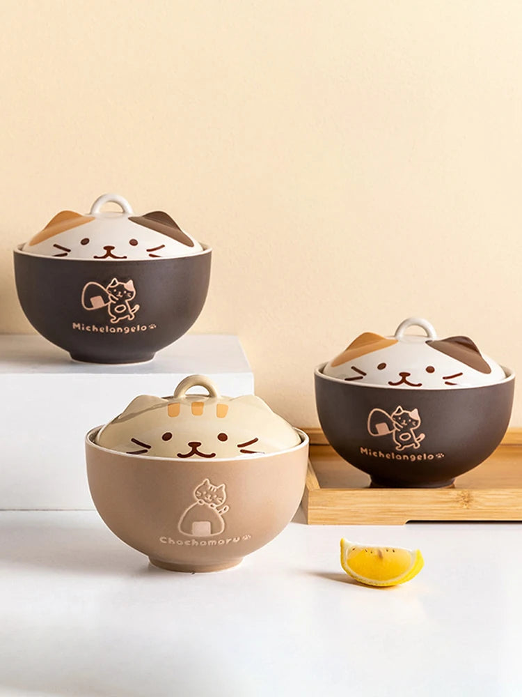 Cartoon Cat Ceramic Instant Noodle Bowl With Lid Underglaze Color Soup Salad Bowl Kitchen Office Student Lunch Box 550ml