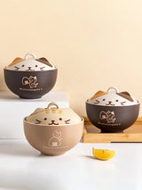 Cartoon Cat Ceramic Instant Noodle Bowl With Lid Underglaze Color Soup Salad Bowl Kitchen Office Student Lunch Box 550ml
