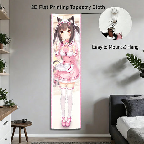 Nekopara Vertical Tapestry, Long Strip Full‑Body Cat‑Ear Maid Character Wall Hanging, Sweet Pink Polyester Wall Cloth for Bedroo