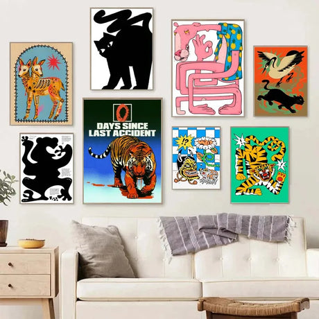 Vintage Abstract Animals Print Posters Mid Century Wall Art Canvas Painting Pictures for Living Room Bedroom Home Decor No Frame