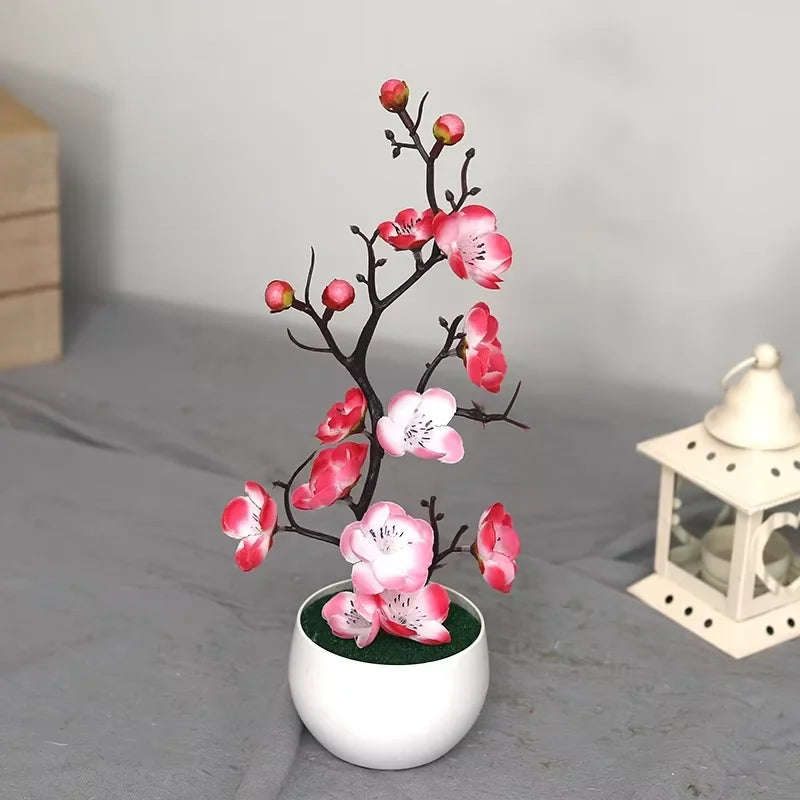 Artificial Plum Blossom Potted Plant, Fake Wintersweet Flower Bonsai for Home Tabletop Decor Chinese Style Floral Ornament