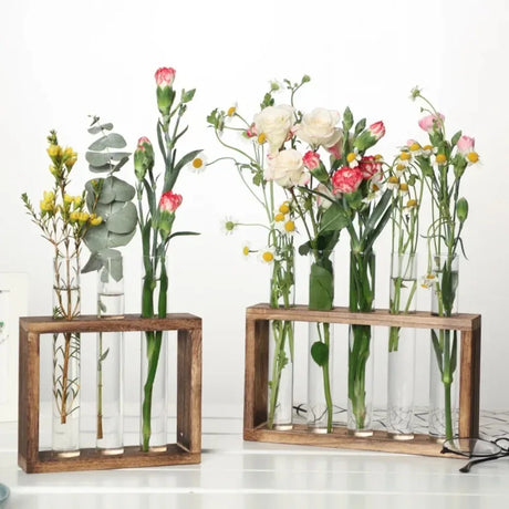 3/5 Tubes Wall Hanging Hydroponic Plant Propagation Glass Vase with Wooden Stand Desktop for Home Office Planter Garde Decor